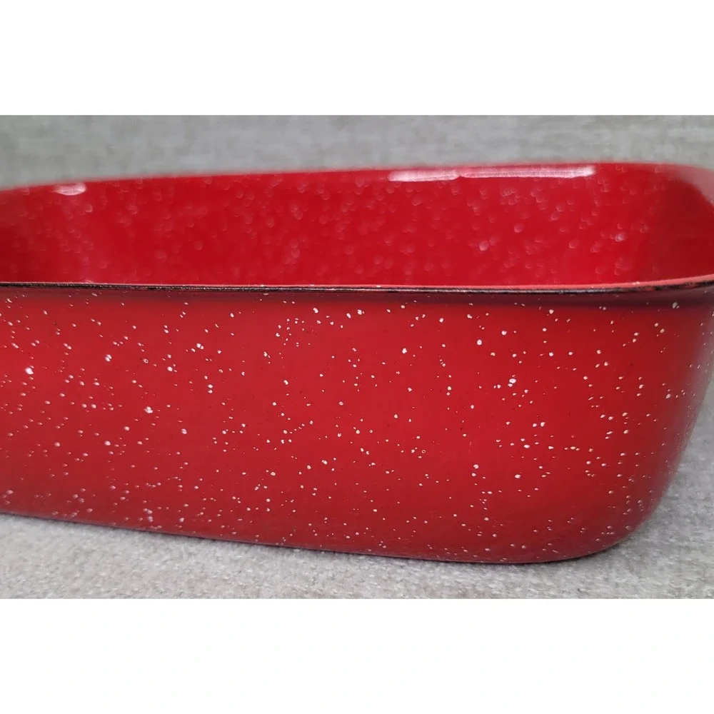 Crate and Barrel Tinware Red White Spatter Enamelware 12 1/2